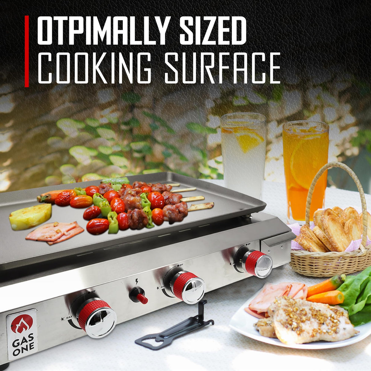 Gas One Flat Top Grill with 3 Burners – Auto Ignition Propane Portable Gas Grill – Premium Stainless Steel Body Tabletop Grill with Pre Season Griddle – Convenient Drip Tray – Ideal for RV, Camping Gas One