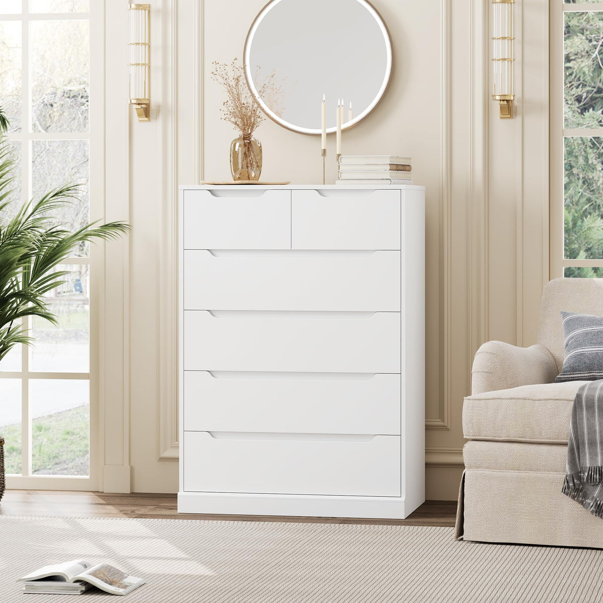 HOSTACK Modern 6 Drawer Dresser for Bedroom, Tall Chest of Drawers with Storage, Large Wood Storage Chest Organizer with Cut-Out Handle, Accent Storage Cabinet for Living Room, Entryway, Classic White HOSTACK
