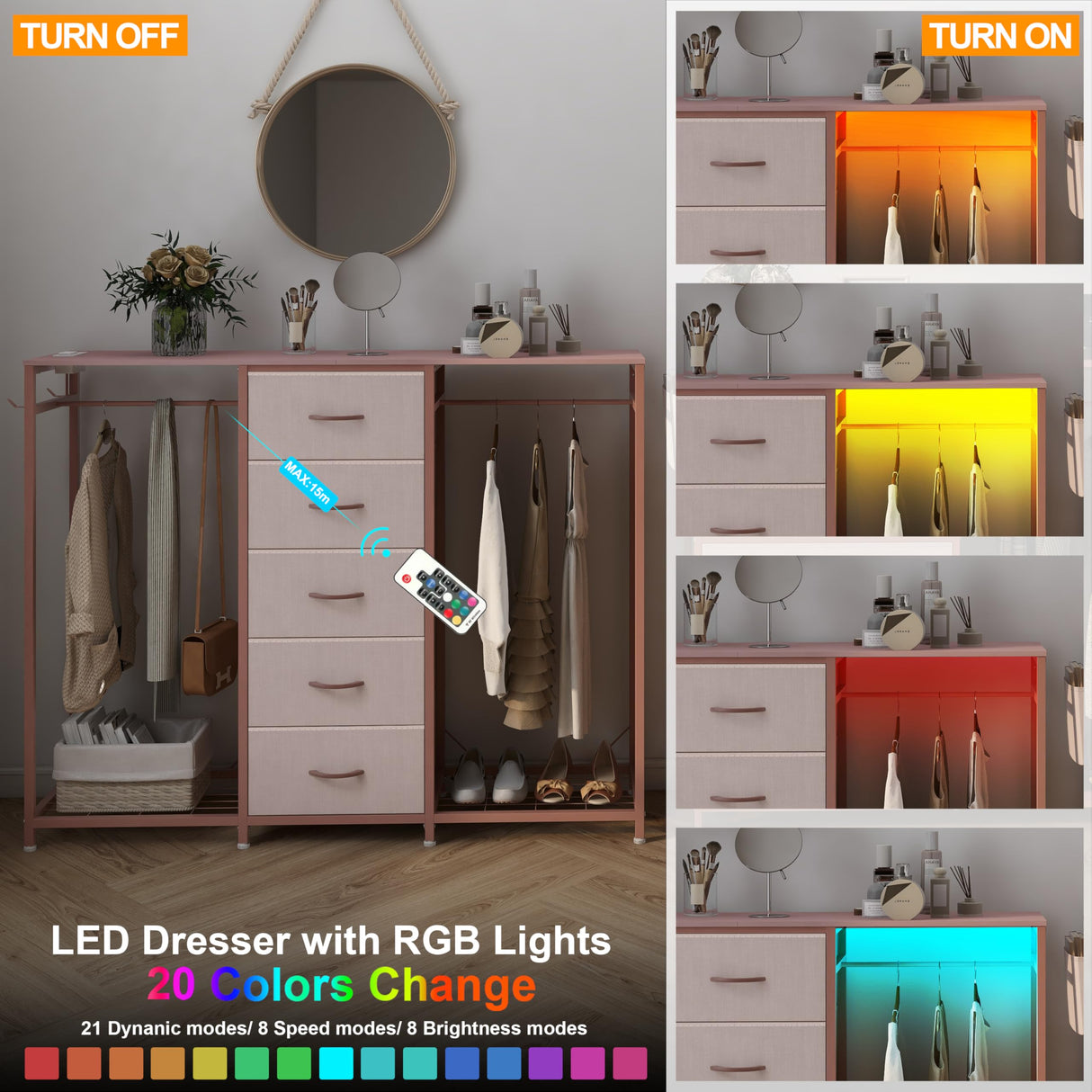 Espelism Dresser for Bedroom with Clothes Rack 5 Drawer Dresser with Charging Station LED Lights White Chest of Drawers Flexible Shelf and Open Storage Space for Bedroom Living Room (Pink) Espelism