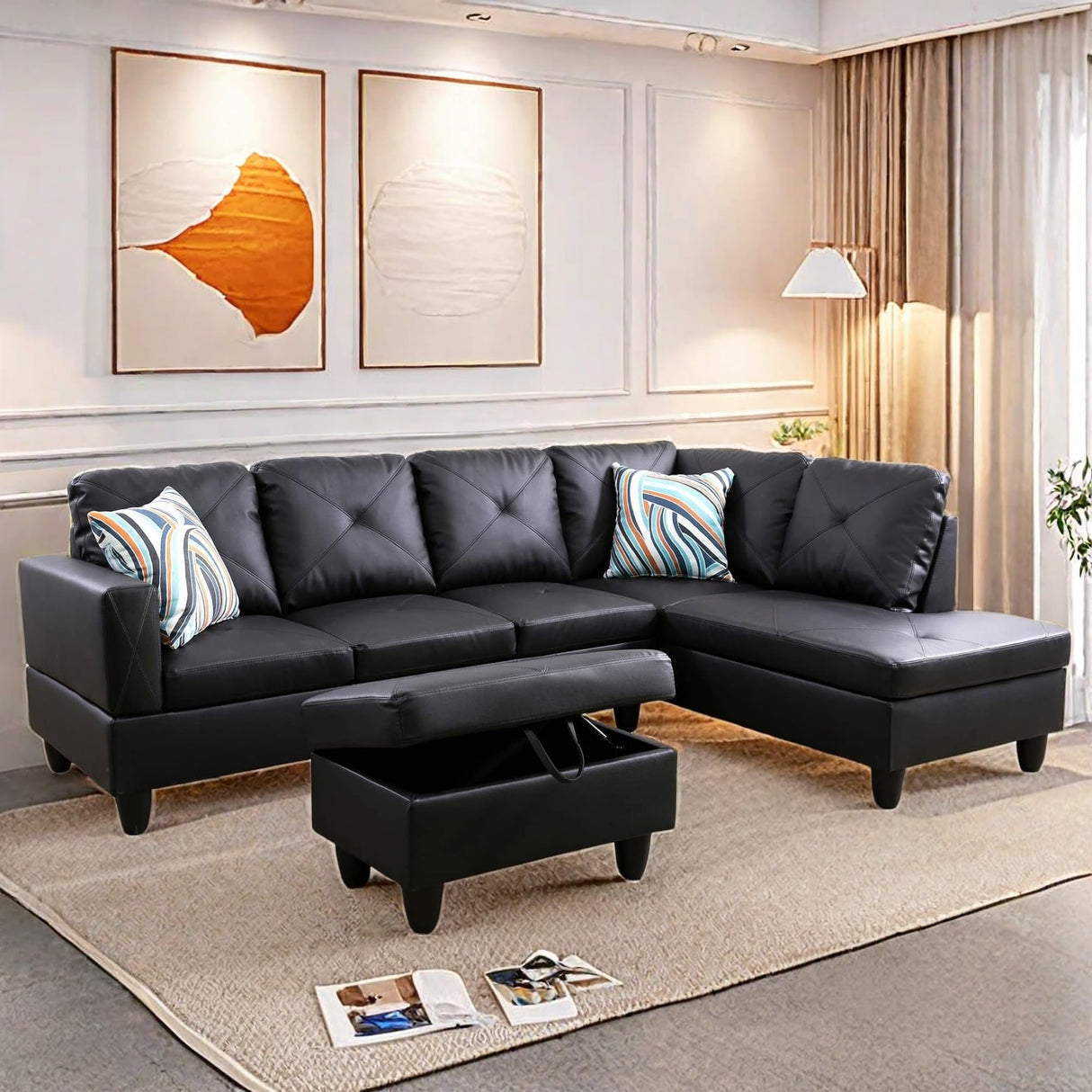 GlasFlength L Shaped Sectional Couches, Modern Convertible Lounge Leather Sofa with Ottoman Storage, Comfy Modular Sectional Sofa for Living Room Furniture Sets, Small Spaces, Black GlasFlength