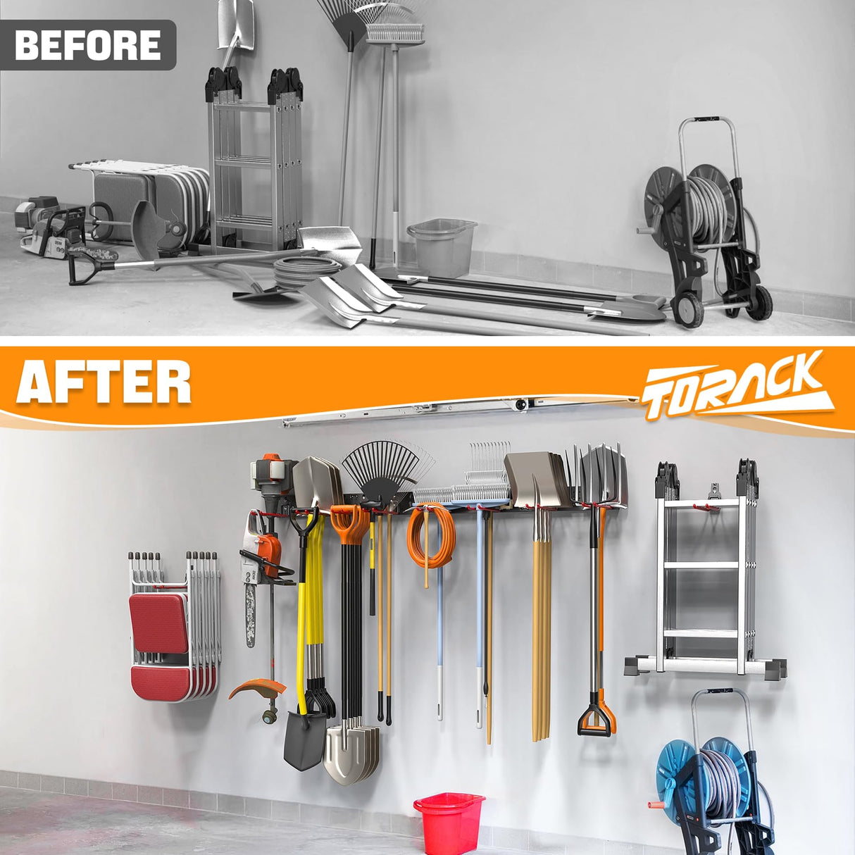 TORACK Garden Tool Organizer Wall Mount, Garage Folding Chair Storage Rack, Tools Rack for Shovels, Rakes, Broom, Ladders, Hooks for Keyhole Style Shelving Unit TORACK