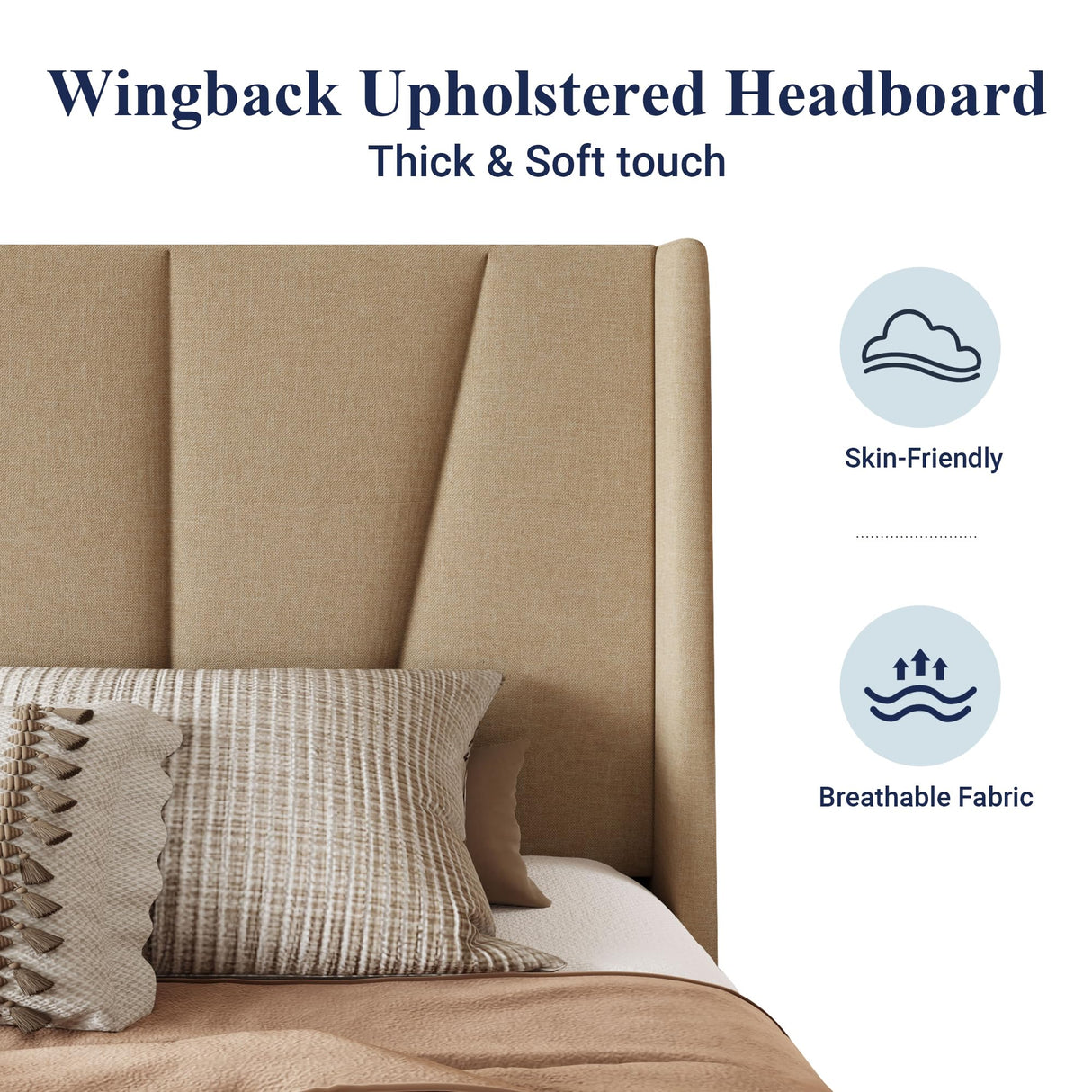 Allewie King Size Platform Bed Frame with Geometric Wingback Headboard, Modern Upholstered Bed with Wooden Slats Support, No Box Spring Needed, Easy Assembly, Beige Allewie