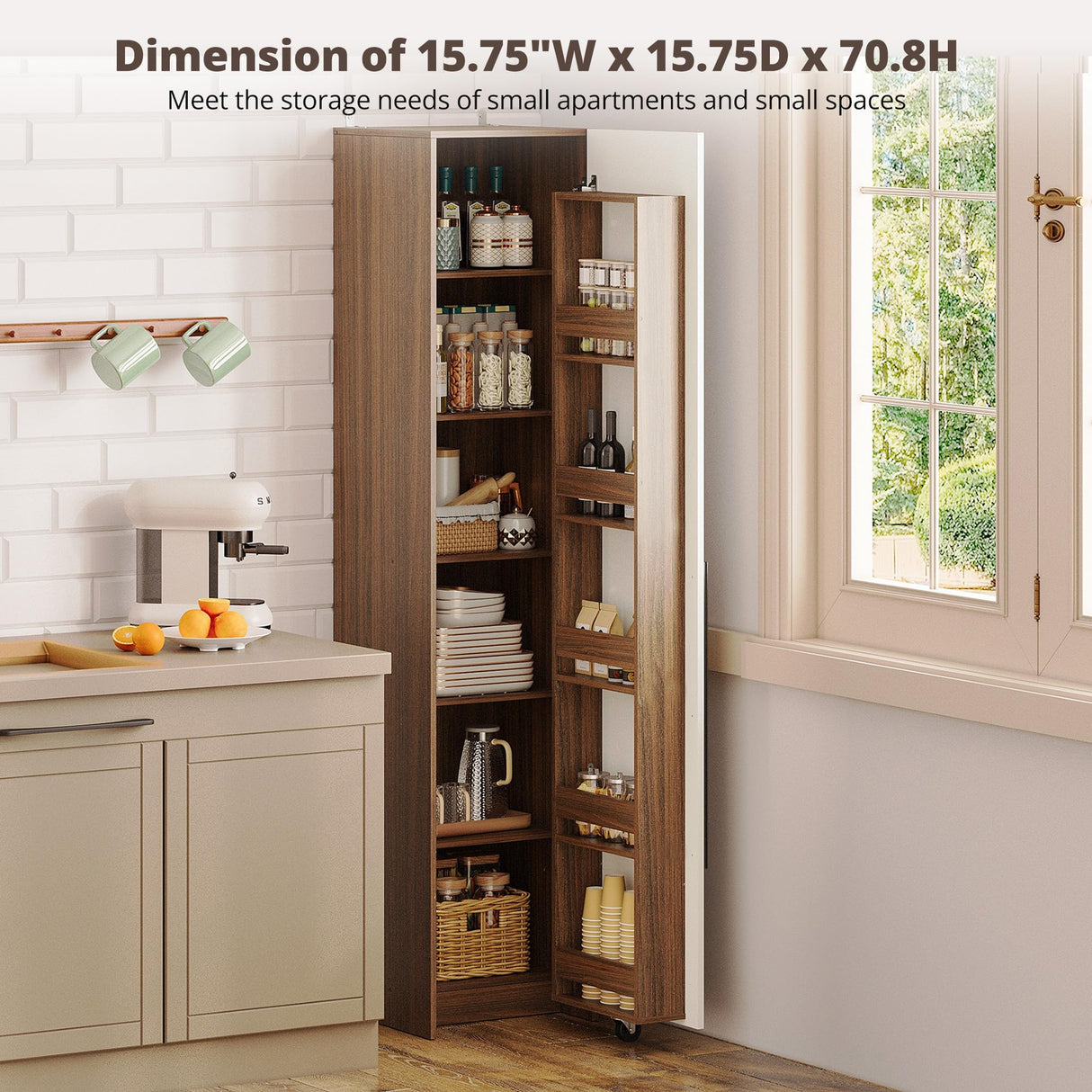 IRONCK 70" Pantry Storage Cabinet, Single Cabinet Pantry, Freestanding Tall Narrow Cupboard with 11 Adjustable Shelves for Dining Room, Living Room, Walnut and White IRONCK