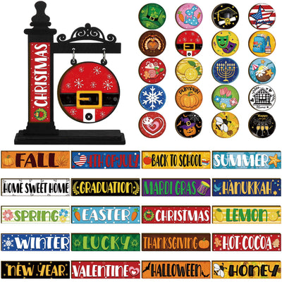RattanView 41 Pcs Interchangeable Seasonal Decor Mini Standing Sign Farmhouse Convertible Seasonal Wood Welcome Sign for Halloween Thanksgiving Christmas Holiday Table Decor(Black)