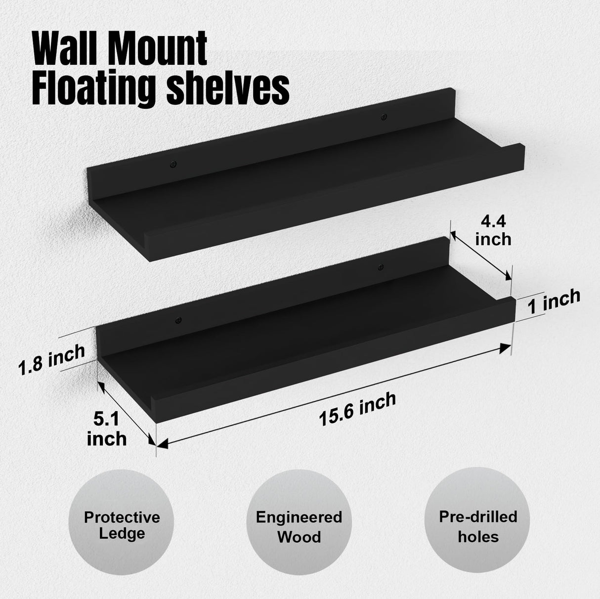 Boswillon Floating Shelves Wall Mounted Set of 2, Modern Black Wall Shelves for Storage with Lip, Display Picture Ledge Shelf for Wall Decor Bedroom Living Room Bathroom Kitchen Boswillon