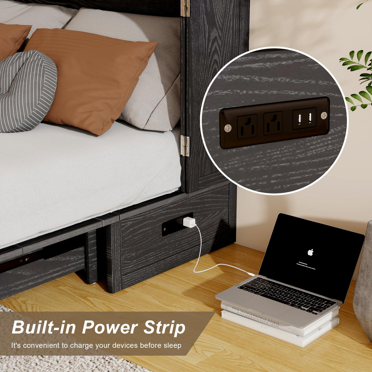 Keloyid Solid Wood Murphy Bed Cabinet:Queen Size Murphy Bed with USB Charging Station and Large Storage Drawer for Home,Optimize Sleeping Space(Mattress Not Included) Retro Brown Black-21 Keloyid