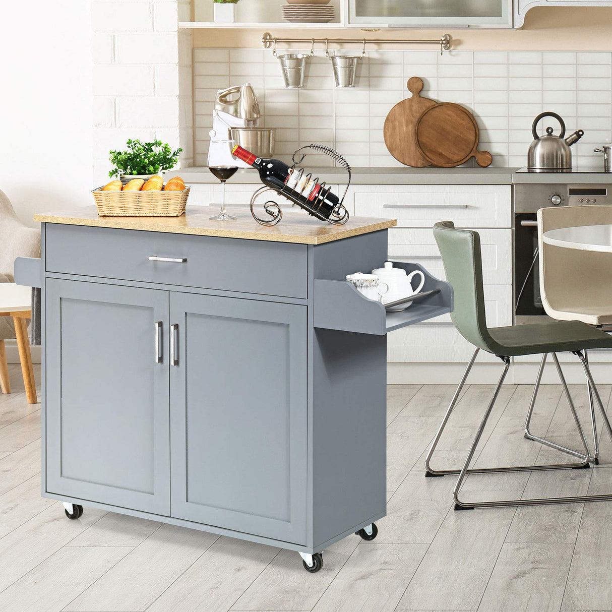Giantex Kitchen Island, Rolling Kitchen Cart with Spice and Towel Rack, Large Drawer & 2-Door Storage Cabinet, Home Service Cart on Lockable Wheels, Wood Kitchen Trolley, Spacious Tabletop (Gray) Giantex