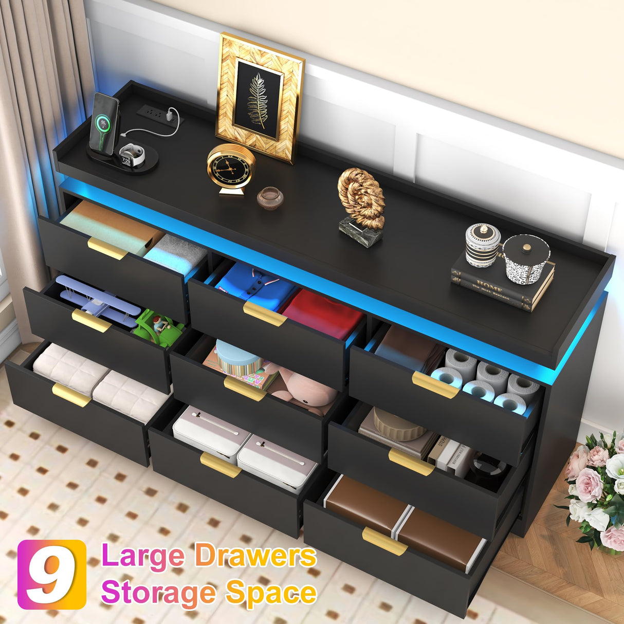 9 Drawer Dressers for Bedroom, Black Dresser with LED Lights and Power Outlet, Large Dresser Wooden Long Dresser, Double Wide Drawer Triple Dresser for Bedroom, Living Room, Entryway, Hallway knoworld