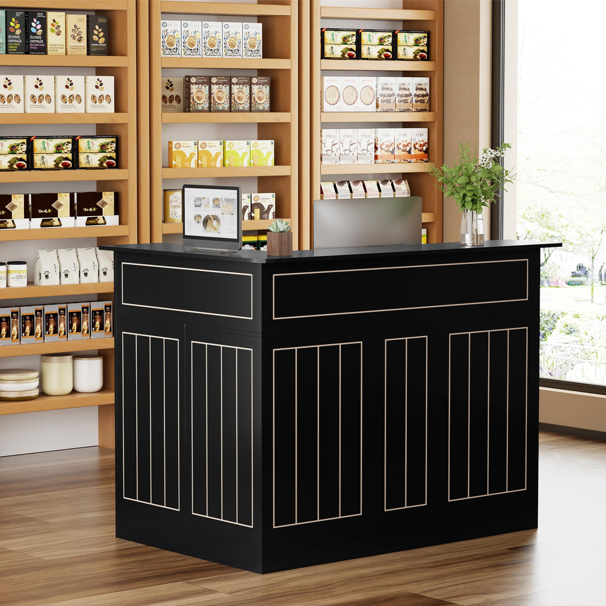 Reception Desk with Storage Shelves and Drawer, L-Shaped Modern Front Desk with Power Outlet, Reception Counter Table for Checkout, Lobby, Beauty Salon GatherHome
