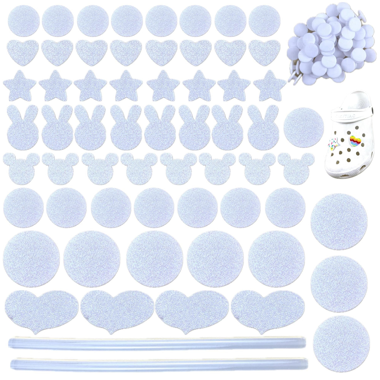 Sublimation Shoes Charm Blanks, 60 Sets Shiny White Glitter Heat Transfer Supplies, Shoe Decorations for DIY Custom Clog Pins Kit, Gifts for Women, Girls, Boys, Men, Toddlers AOUXSEEM
