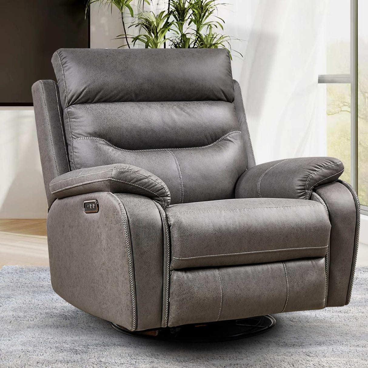 ROYALSON Dual OKIN Motor Power Recliner Chairs Swivel Rocker Recliner with One-Key Reset Button for Elderly Nursery Infinite Position, Power Headrest and USB Port,Faux Leather (Grey) ROYALSON