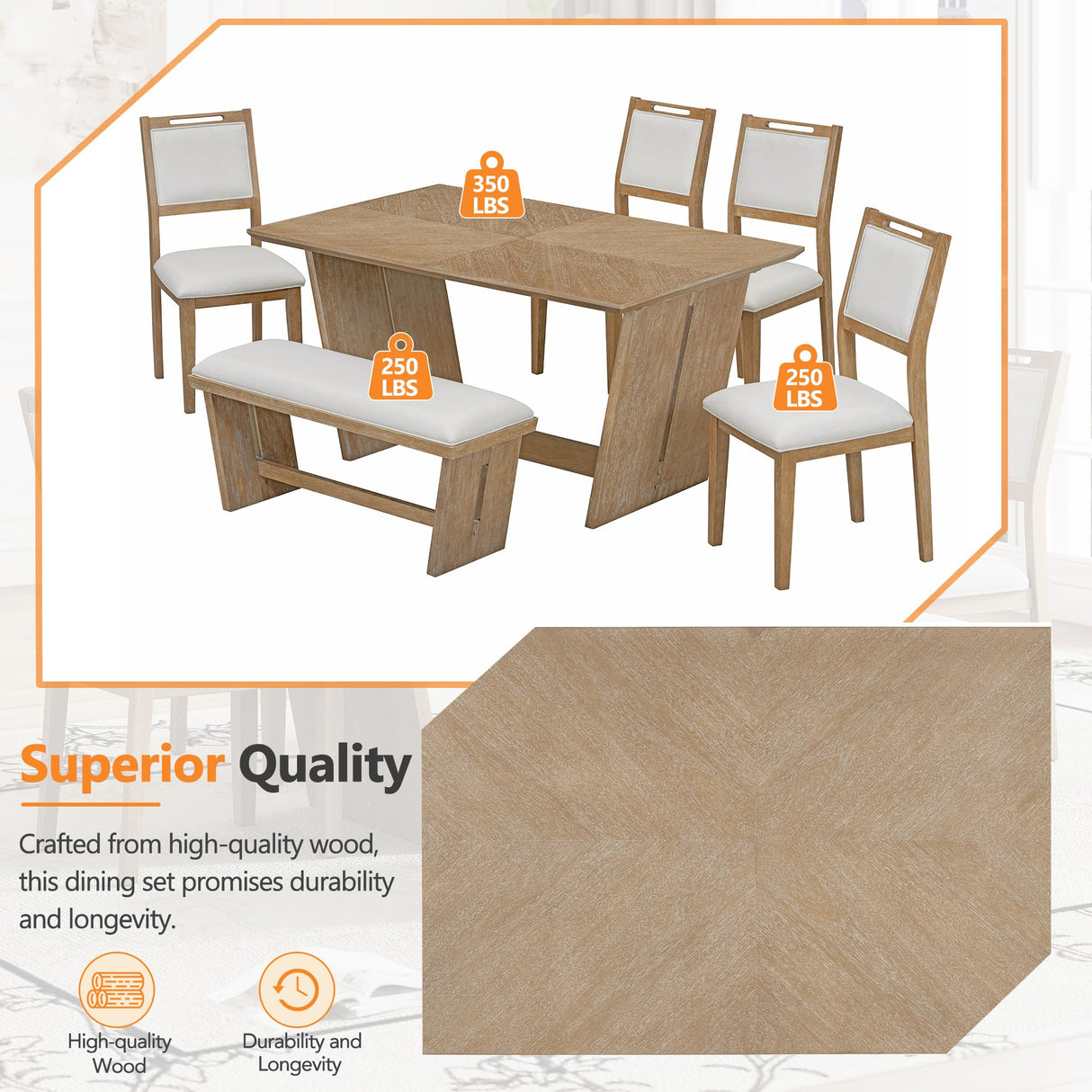 Merax 6-Piece Retro Dining Set, 1 Rectangular Table with Stable Trapezoidal Table Base and 4 Upholstered Chairs and 1 Bench for Dining Room and Kitchen, Natural Wood Wash Merax