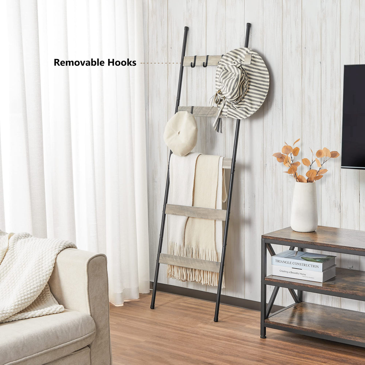 ELYKEN Blanket Ladder for Living Room, Farmhouse 5 -Tier Quilt Holder with 4 Removable Hooks for Bathroom, Wood Towel Rack Display, Wall Anchor Leaning Decorative Stand for Home Decor, White Oak ELYKEN