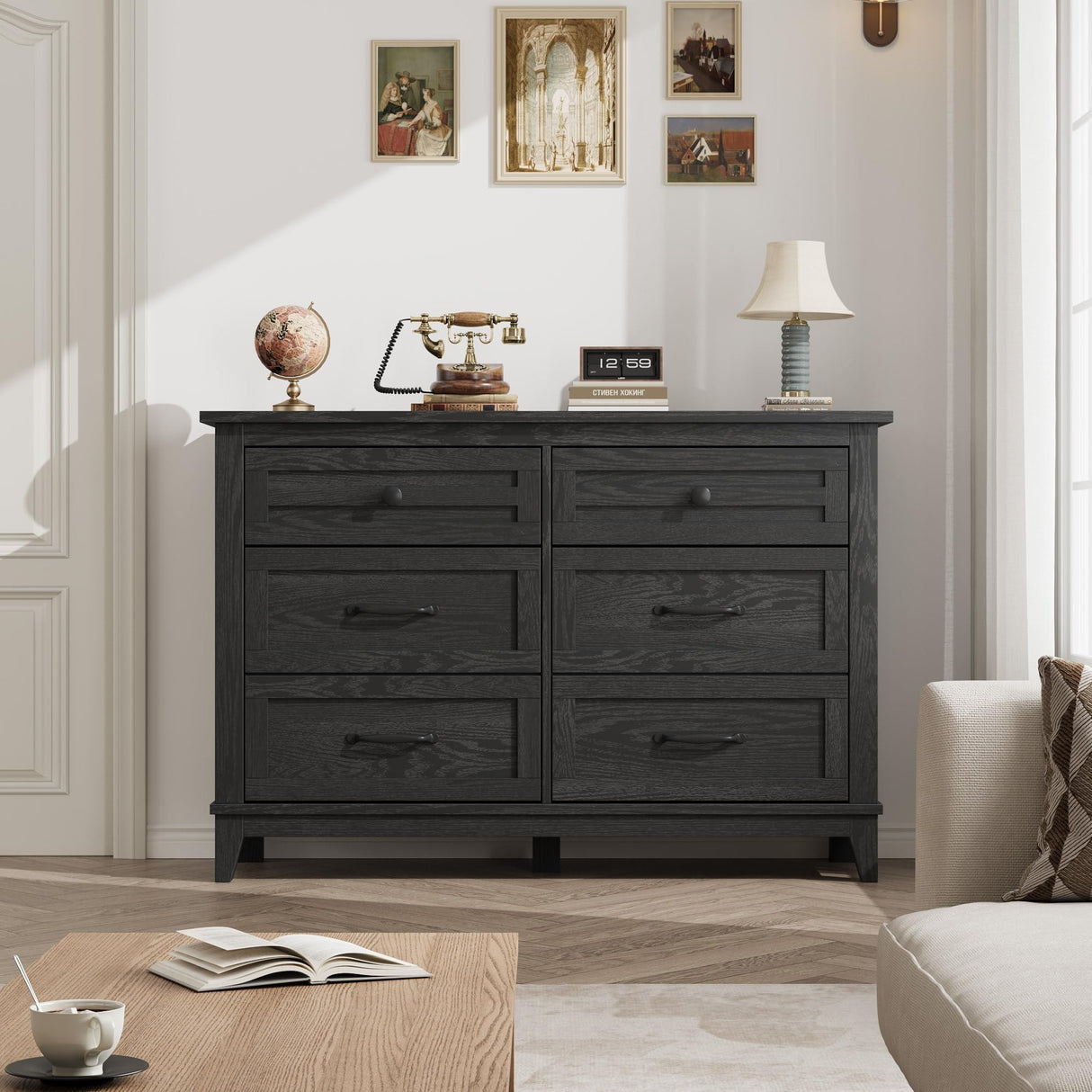 GarveeHome 6 Dresser for Bedroom, 47 in Wide Drawer Dresser with Storage Freestanding, Wooden Closet Storage Chest for Living Room, Bedroom, Entryway, Black GarveeHome
