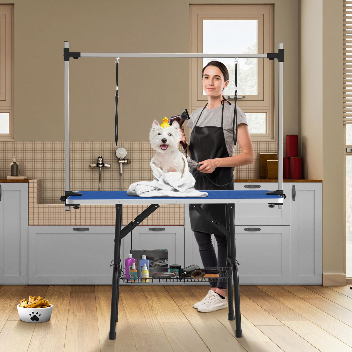 YITAHOME 46" Dog Grooming Table, Foldable Home Pet Bathing Station Table with Adjustable Arm, Non-Slip Desktop, Storage Tray& Noose, Blue YITAHOME
