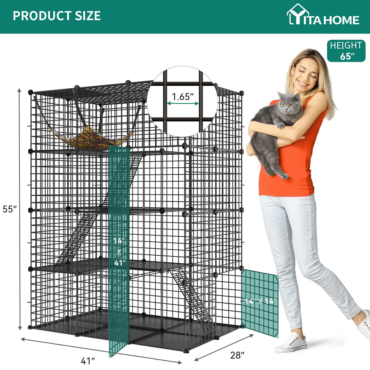 YITAHOME 4-Tier Indoor Cat Enclosure with Hammock - Large Metal Wire Playpen Kennel for 1-3 Cats YITAHOME