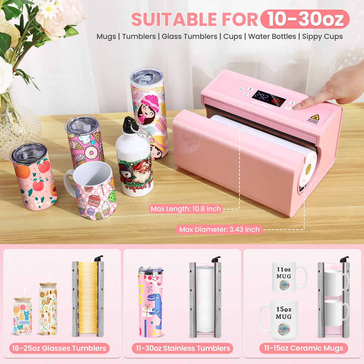 Whubefy Auto Tumbler Heat Press, 20oz 30oz 15oz Mug Press Sublimation Machine Heat Up Fast & Even,Automatic Tumbler Press Machine for 2.95-3.34inch Sublimation Tumblers Cups (Auto Cup Press-Pink) Whubefy