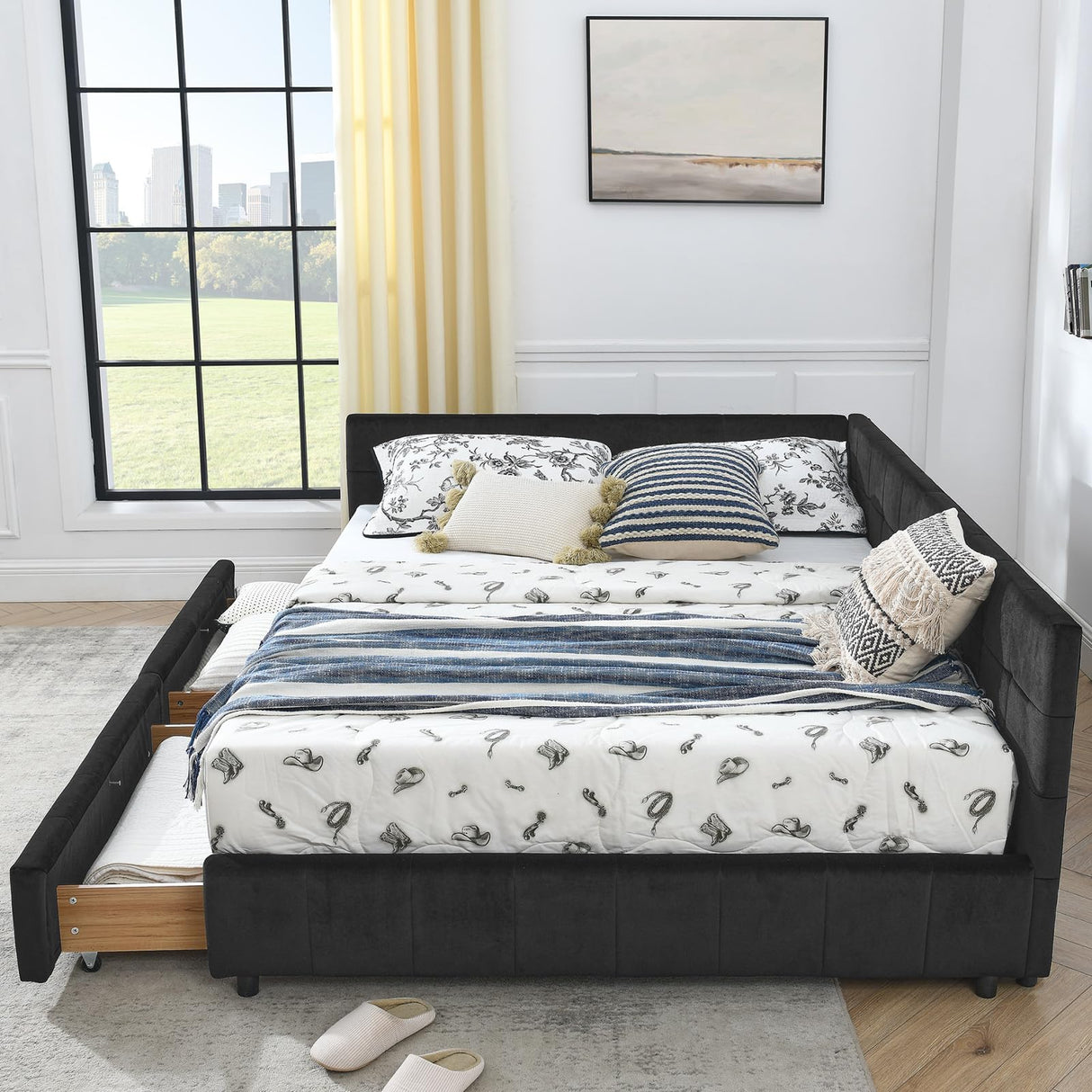 Queen Daybed with Storage Drawers, Modern Corner Tufted Velvet Upholstered Queen Size Sofa Day Bed Frame with Wooden Slats for Bedroom Guest Room Living Room, No Spring Boxes Needed, Black Antetek