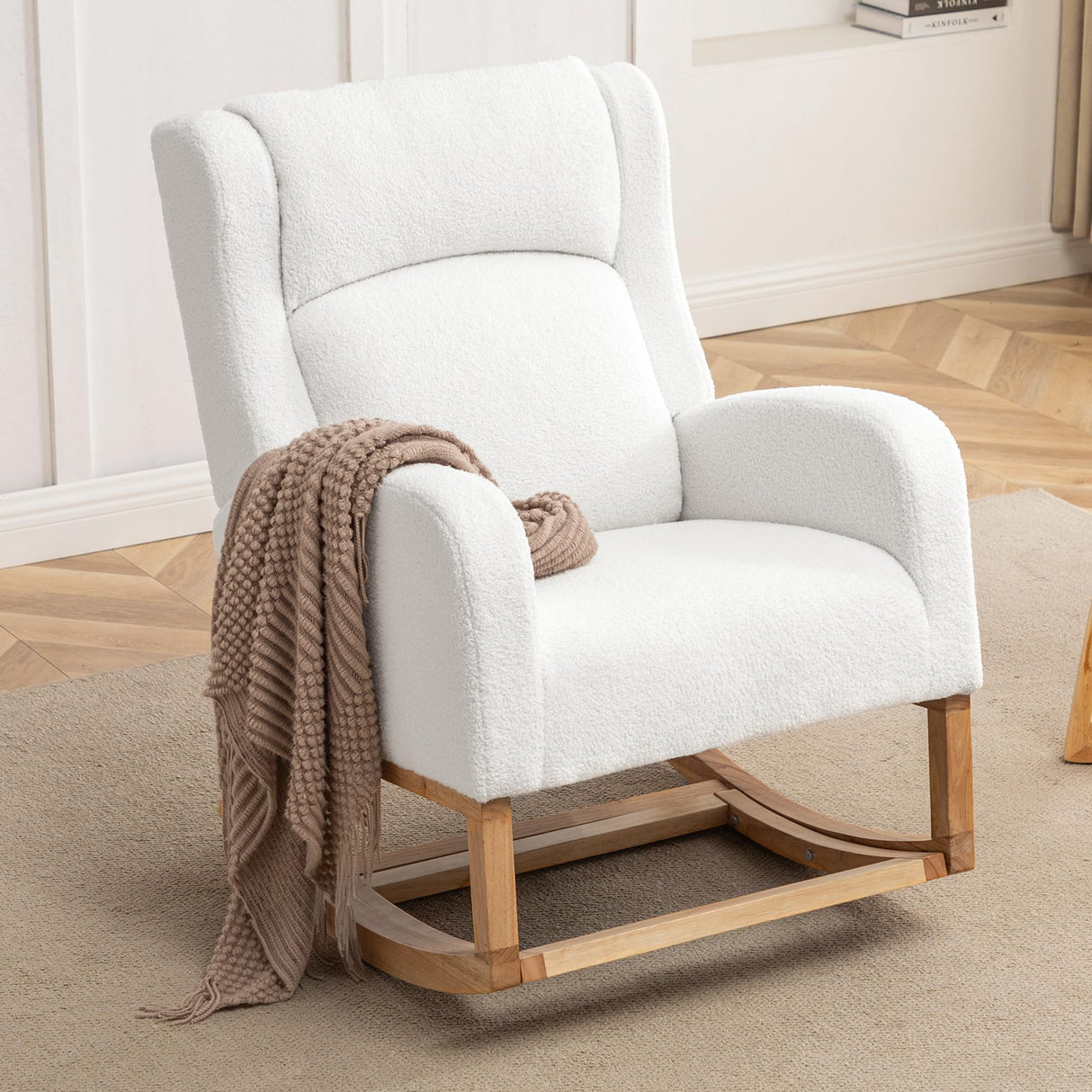 HCHAIRH Rocking Chair Nursery, Nursing Rocking Chairs for Mom Nursery, Comfy Wingback Glider Rocking Armchair with Foot Rest and Side Pocket for Nursery Living Room Bedroom, Teddy White HCHAIRH