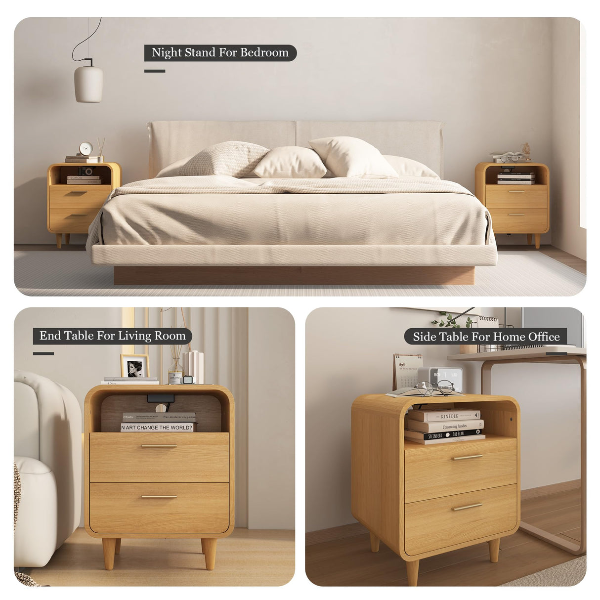 Easyego Mid-Century Modern Nightstand with Charging Station, Bedside Table w/2 Drawers and Open Shelves, Side Table and End Table for Bedroom and Living Room, Curved Design(Wood Naural) Easyego