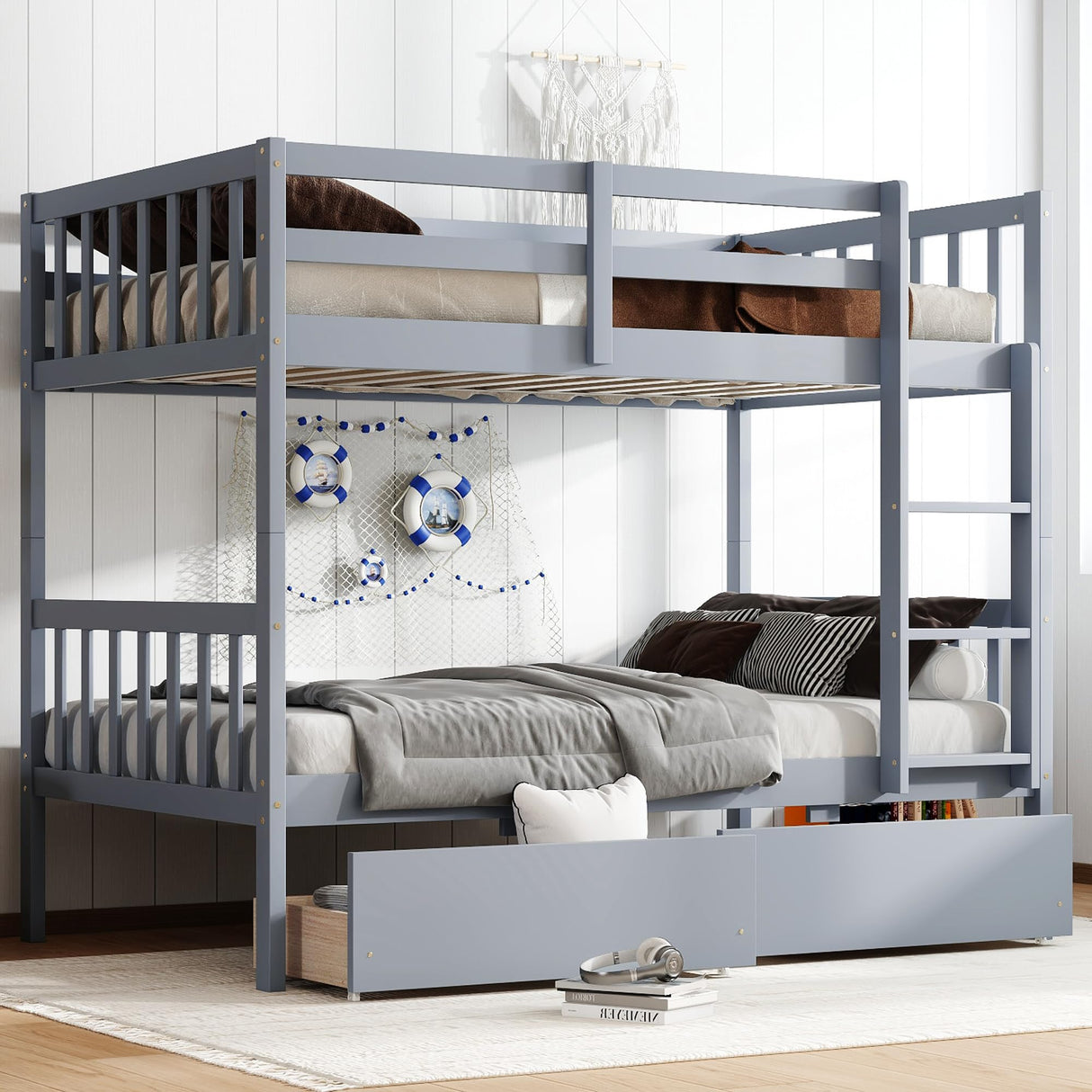Twin Over Twin Bunk Bed with Storage Drawers, Solid Wood bunk Bed with Ladders and Raised Guardrails for Kids, Convertible into 2 Twin Beds, Bunk Bed Twin Over Twin, Grey Bellemave