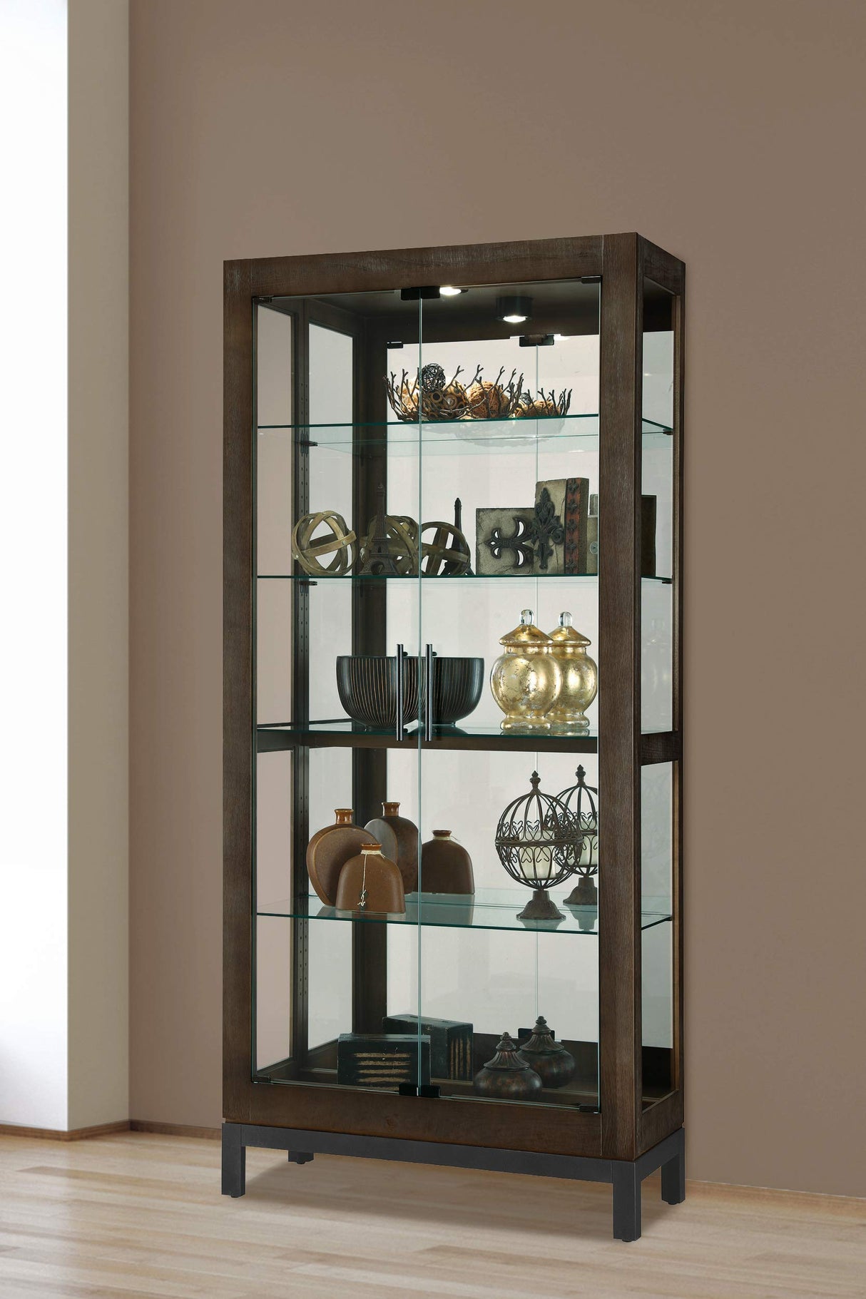 Howard Miller Quinn III Curio Cabinet 680-680 – Aged Java Finish Home Decor, Four Glass Shelves, Five Level Display Case, No-Reach Roller Halogen Light Howard Miller