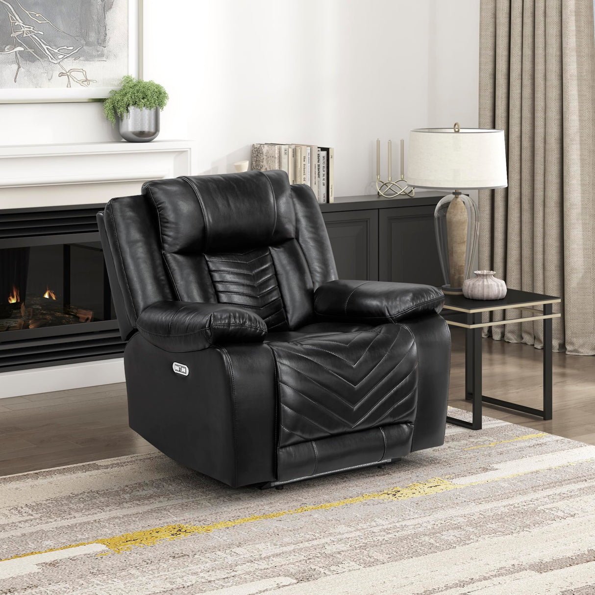 Lexicon Power Recliner Chair, Faux Leather Upholstered Home Theater Seating with LED Lighting, USB Charging Ports, Single Wall Hugger Reclining Chair for Living Room/Bedroom Easy Assembly, Black Lexicon
