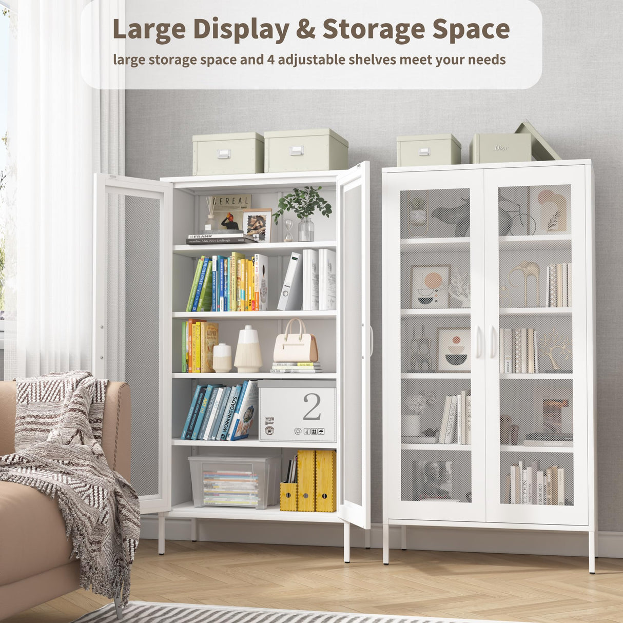 Chshin Metal Storage Cabinet,72H Display Cabinets with 2 Mesh Door,Pantry Organizers and Storage,Display Shelves for Collectibles,Storage Cabinet for Home, Office, Bookcase(White) Chshin