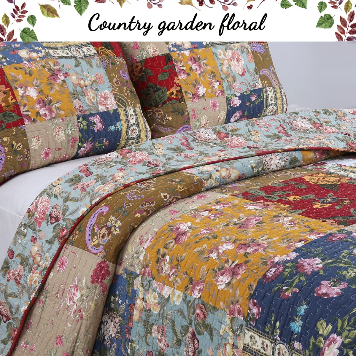 Cozy Line Home Fashions 100% Cotton Hand Piecing Real Patchwork Floral Plaid Country Farmhouse Reversible Quilt Bedding Set Coverlet Bedspread for All Seasons (Khaki Red, Queen - 3 Piece) Cozy Line Home Fashions