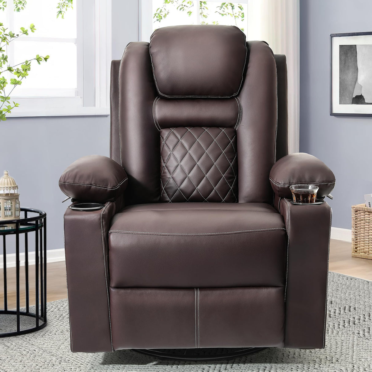 YITAHOME Recliner Chair,PU Rocking Chair for Adults,Swivel Recliner with Cup Holders,Heat and Massage,Single Sofa Seat with Side Pockets for Living Room/Bedroom,Brown YITAHOME