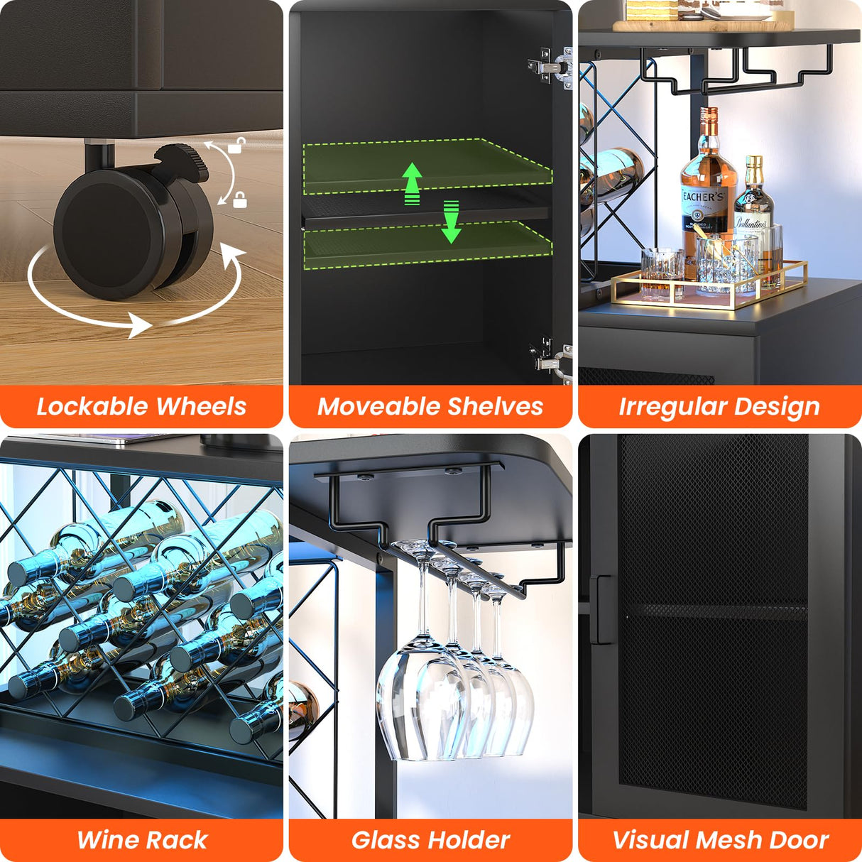 Girapow Small Bar Cart with Wheels, Liquor Cabinet with LED Light, Wine Bar Cabinet with Power Outlets, Home Mini Bar with Wine Rack, Glasses Storage for Kitchen, Dining Room, Living Room, Black Girapow