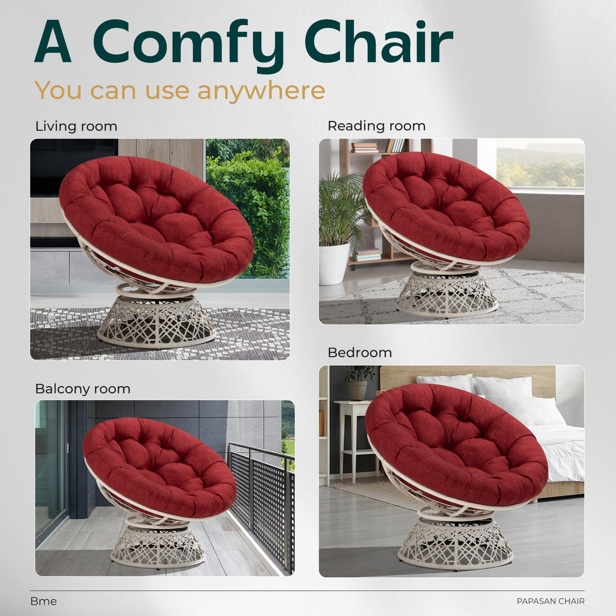 Bme 40" Ergonomic Wicker Papasan Chair with Soft Thick Density Fabric Cushion, High Capacity Steel Frame, 360 Degree Swivel for Living, Bedroom, Reading Room, Lounge, Cherry Sangria - White Base Bme