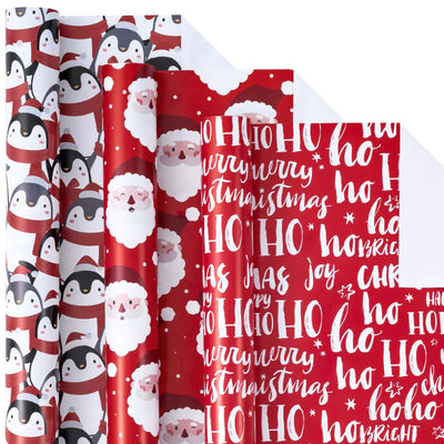 LeZakaa Christmas Wrapping Paper Roll - Mini Roll - 3 Rolls - 17 Inch X 120 Inch Per Roll - Red & White Penguins, Ho, Santa Claus, Christmas Elements Holiday Collection