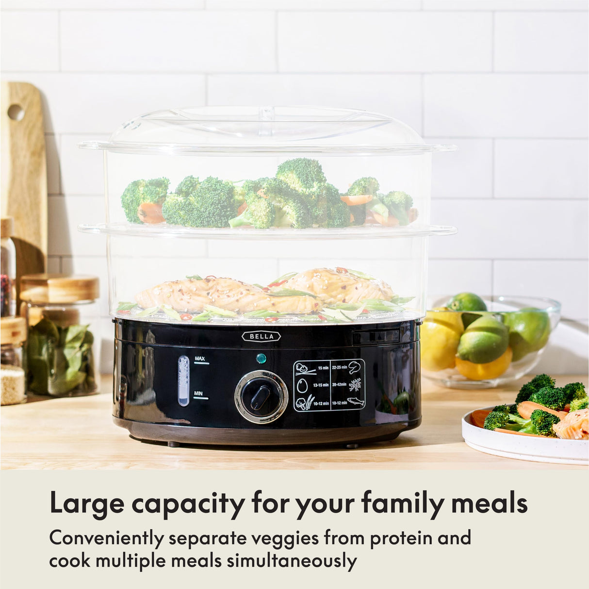 BELLA Two Tier Food Steamer with Dishwasher Safe Lids and Stackable Baskets & Removable Base for Fast Simultaneous Cooking - Auto Shutoff & Boil Dry Protection, Stainless Steel, 7.4 QT, Black BELLA
