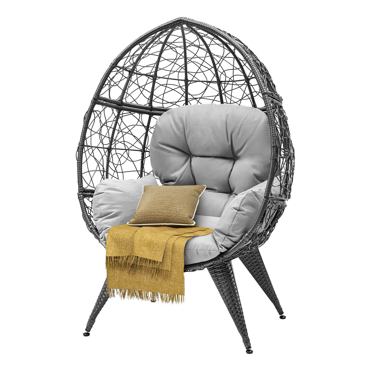 DWVO Oversized Egg Chair with Stand Rattan Outdoor Chairs, Large Lounger Chair with Cushion, Adjustable Leveling Feet, Egg Chair Indoor for Bedroom, Living Room, Outdoor Backyard, Patio, Garden, Grey DWVO