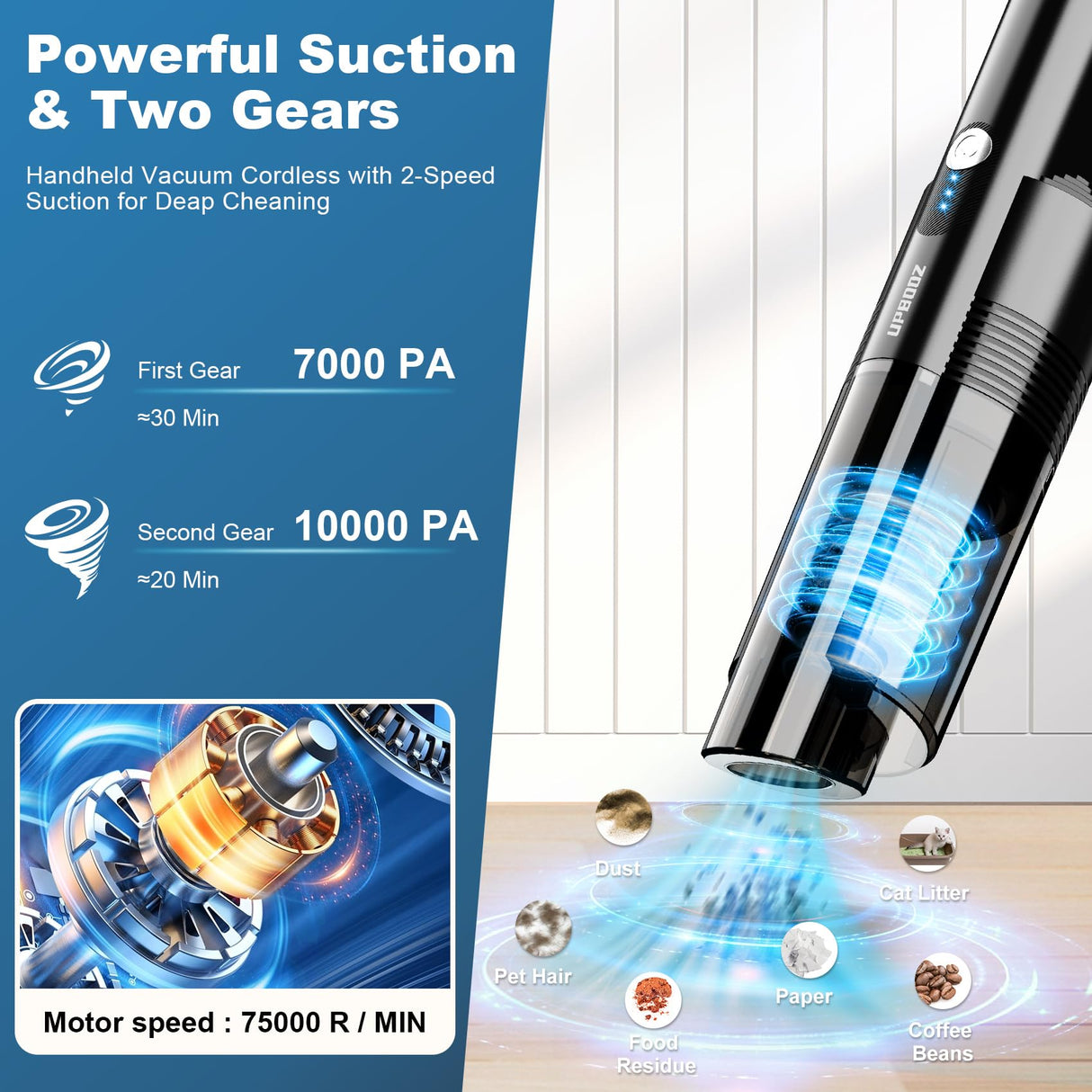 Handheld Vacuum Cordless, Portable Car Vacuum with 2-Speed, 10KPA Powerful Suction Vacuum Cleaner with Charging Dock, Lightweight 4-in-1 Mini Hand Held Vacuum for Car Home Pet Office and Pet Hair Upbooz