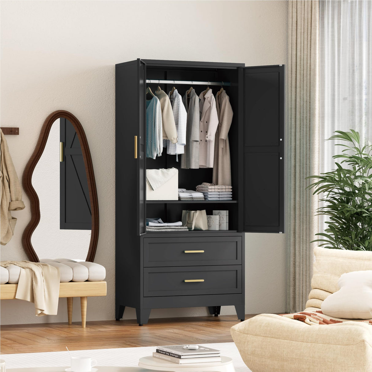 Washsemba 71'' Farmhouse Metal Wardrobe Cabinet with Hanging Rod, 2 Barn Door Wardrobe Closet with Adjustable Shelves,2 Drawer,for Dining Room,Bedroom,Living Room, Cloak Room,Office (Black) Washsemba