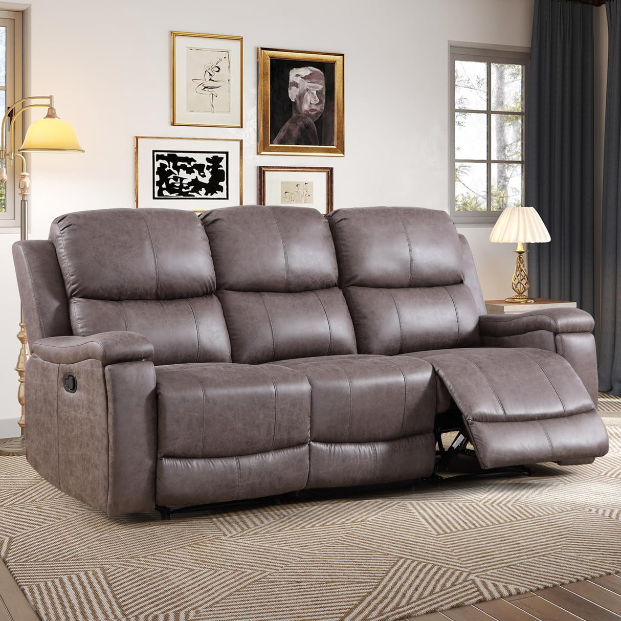 CANMOV Faux Leather Manual Reclining Sofa,3 Seat Recliner Couch Sofa with Overstuffed Arms and Back,Manual Recliner Sofa Set with Concealed Cup Holders for Living Room,Grey CANMOV