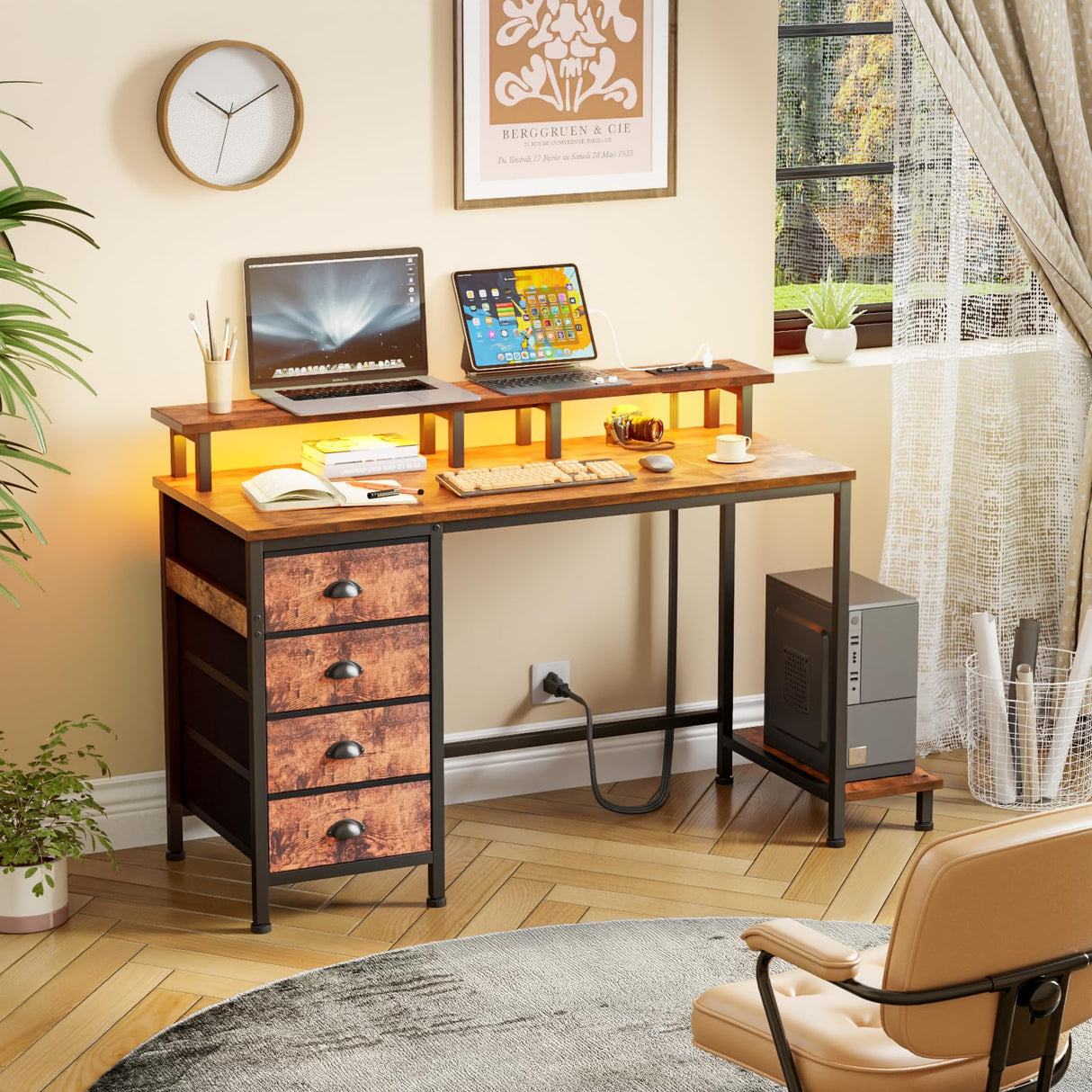Furologee Desk with Power Outlets and LED Lights, 47in Gaming Computer Desk with 4 Fabric Drawers, Home Office Desk with Full Monitor Stand and Shelf, Study Writing Desk Bedroom, Rustic Brown Furologee