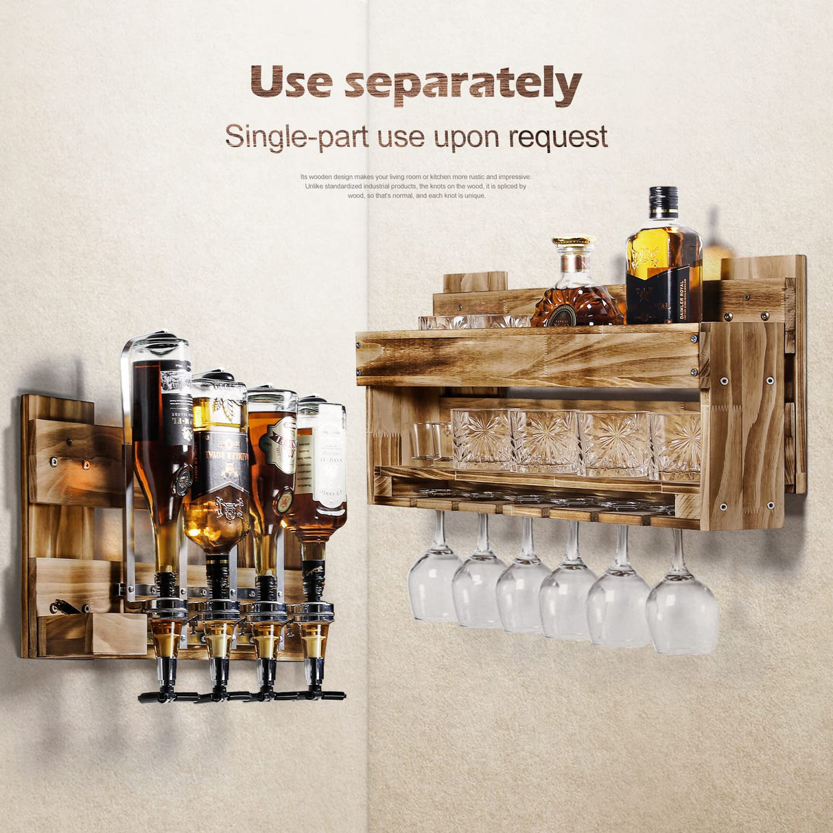 Homde Wine Rack Wall Mounted Wood Wine Shelf with Bottle Stemware Glass Holder Rustic Wine Display Storage Rack with 4-Bottle Liquor Dispenser for Home Bar Kitchen Decor (Regular Without LED) Homde