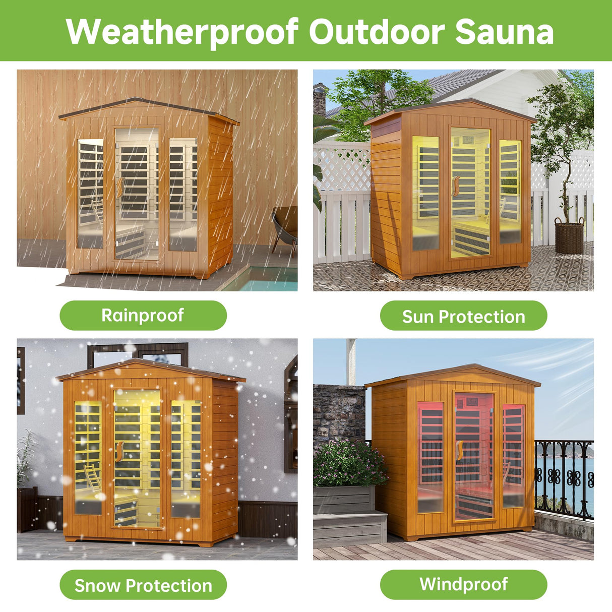 Springspa Outdoor Sauna 4 Person, Infrared Sauna for Home, Wooden Outdoor Saunas Room, 3400 Low EMF Far Infrared with Bluetooth, LCD Panel, 7 Color Chromotherapy Lamp, Reading Lamp springspa