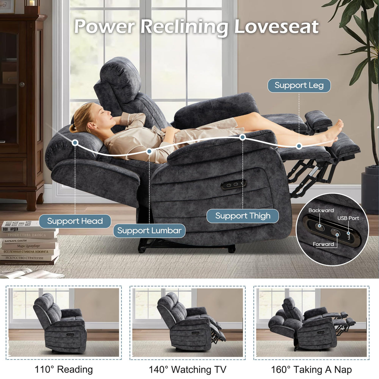 Consofa Zero Gravity Power Reclining Sofa with Adjustable Headrest, Electric Reclining Couch with Wireless Charge, USB Ports, Power Recliner Sofa 3-Seater with Drop Down Table,Cup Holder,Outlet (Grey) Consofa