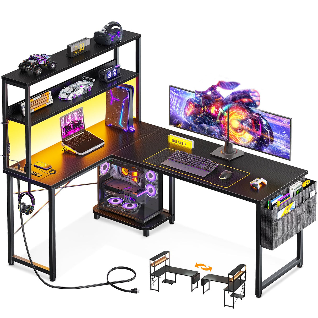 ODK 53 Inch L Shaped Desk with LED Lighting, Reversible Gaming Desk with Power Outlets, Cornor Computer Table with Storage Shelves & Bag & Iron Hook, Home Office Table for Writing, Study, Black ODK