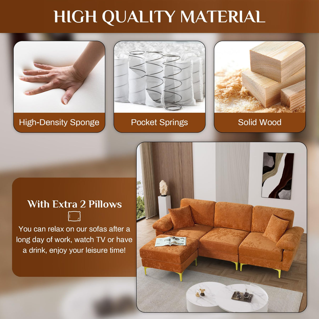 OUYESSIR L Shaped Sectional Sofa Couch, 91" Upholstered Velvet 3 Seat Sofa with Ottoman and Pillows, Comfy Couch Sleeper for Living Room, Bedroom (Orange) OUYESSIR