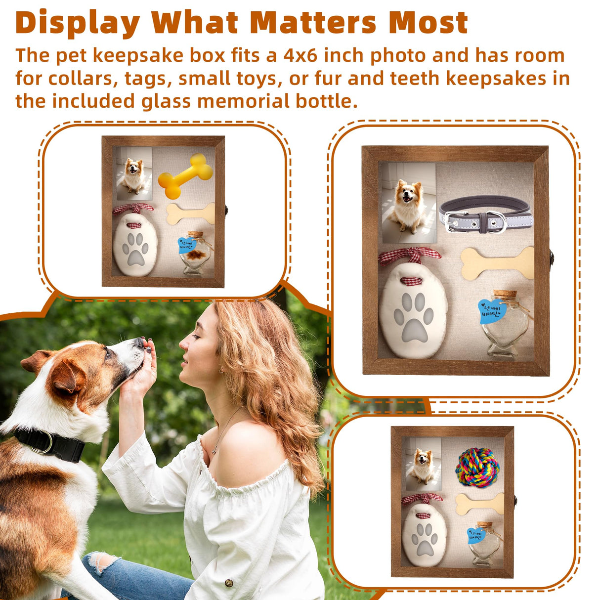 CALPALMY Pet Memorial Box - 11" x 9" Wooden Keepsake Shadow Box Kit with Paw Print Clay, Memorial Bottle & Photo Frame – Pet Loss Sympathy Gift for Dogs & Cats CALPALMY
