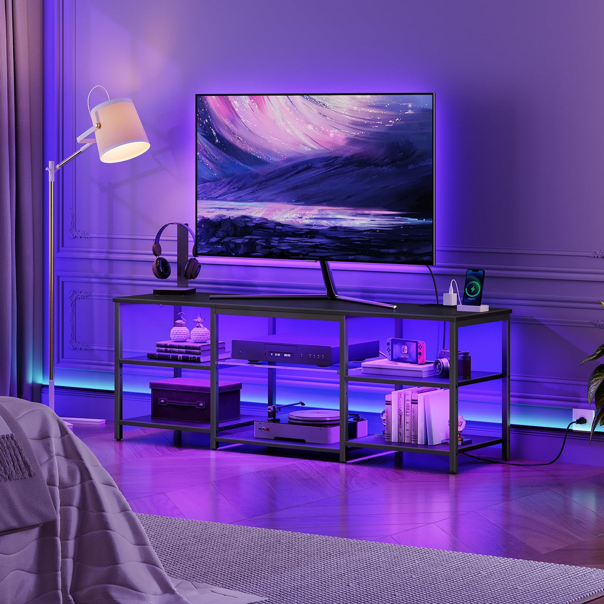 HOOBRO LED TV Stand for 65 Inch TVs with Charging Station, Gaming Entertainment Center with 3-Tier Open Storage, Long Media TV Console Table, TV Stand for Living Room, Bedroom, Black BB20UDDS01 HOOBRO