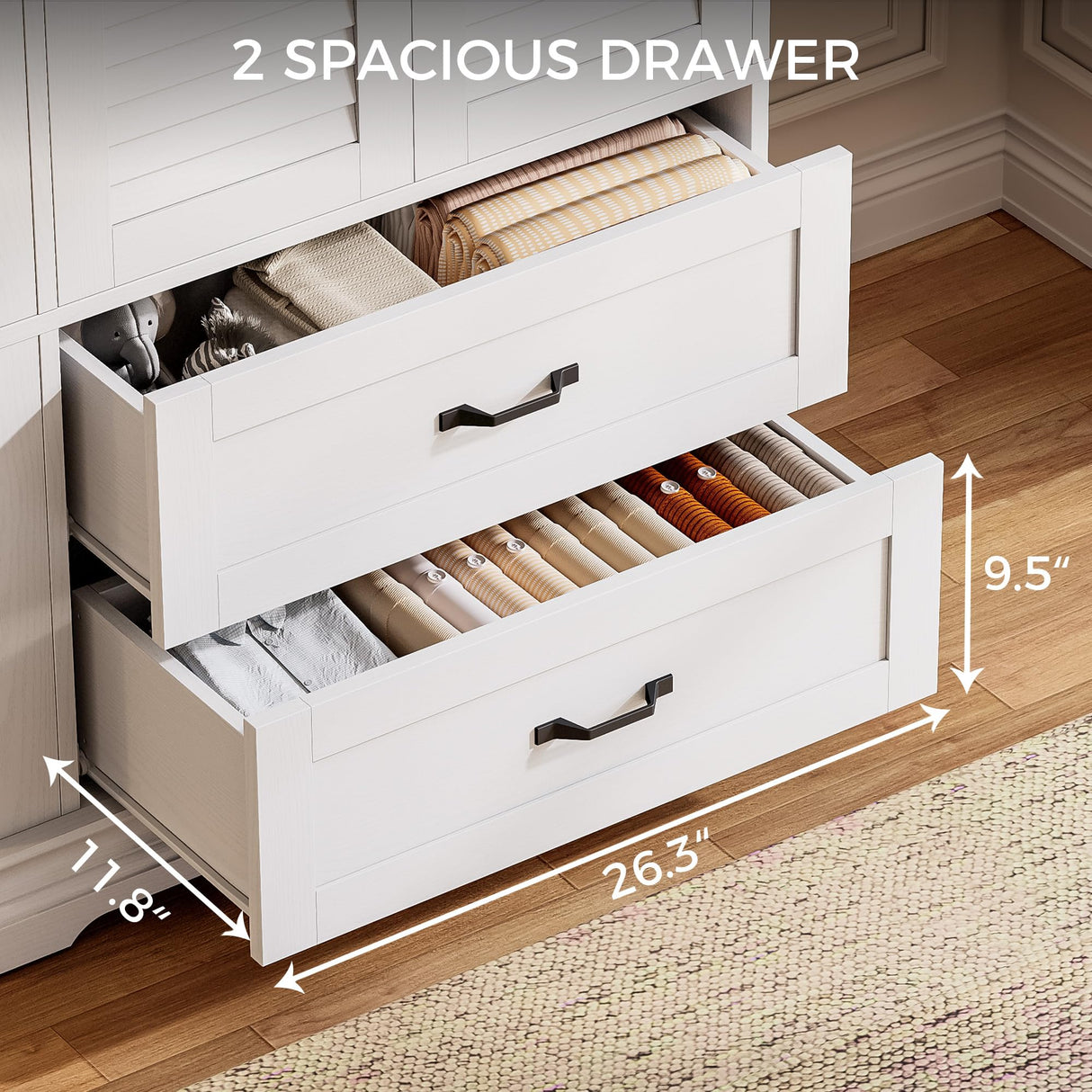 IRONCK Armoire Wardrobe Closet, 70.87" H Wooden Bedroom Armoire with 2 Louvered Doors, 2 Drawers and Shelves, Large Freestanding Clothing Storage Cabinet, White IRONCK