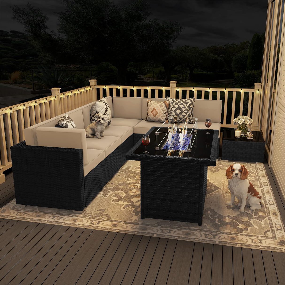 Vakollia 8 Pieces Patio Furniture Set with 44" Propane Gas Fire Pit Table, Outdoor Sectional Wicker Conversation Sofa Sets with Coffee Table Vakollia