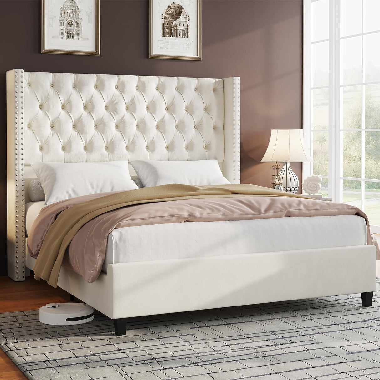 Jocisland Queen Size Bed Frame Velvet Upholstered Platform Bed with 51.6" Tall Wingback Headboard Deep Button Tufted, No Box Spring Needed, Cream Jocisland