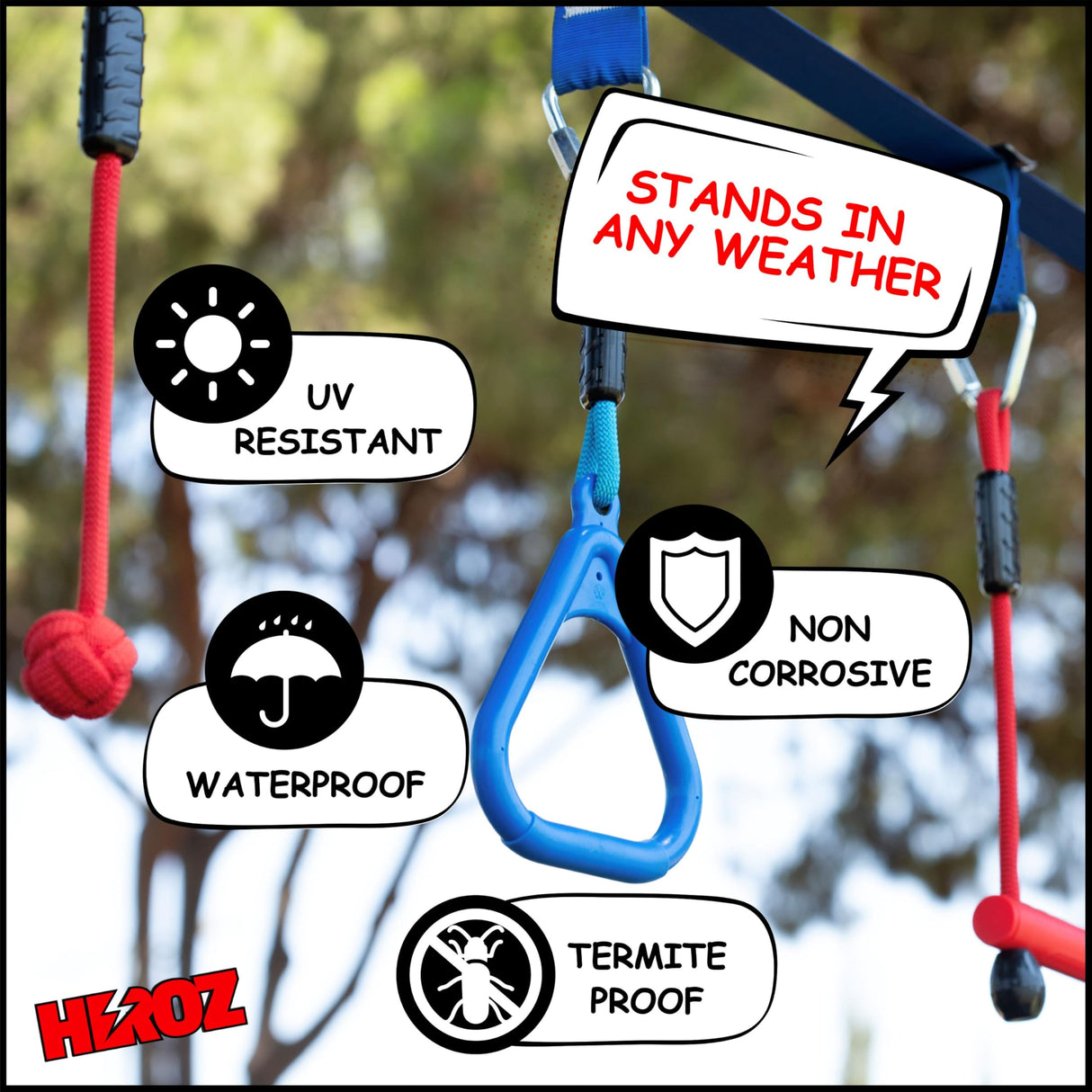 Heroz Obstacle Course for Kids - Ninja Warrior Obstacle Course for Kids Outdoor Play Equipment 65ft Double Slackline, Monkey Bars, Wheel, Climbing Rope - Jungle Gym Ninja Course for Kids Outside HEROZ